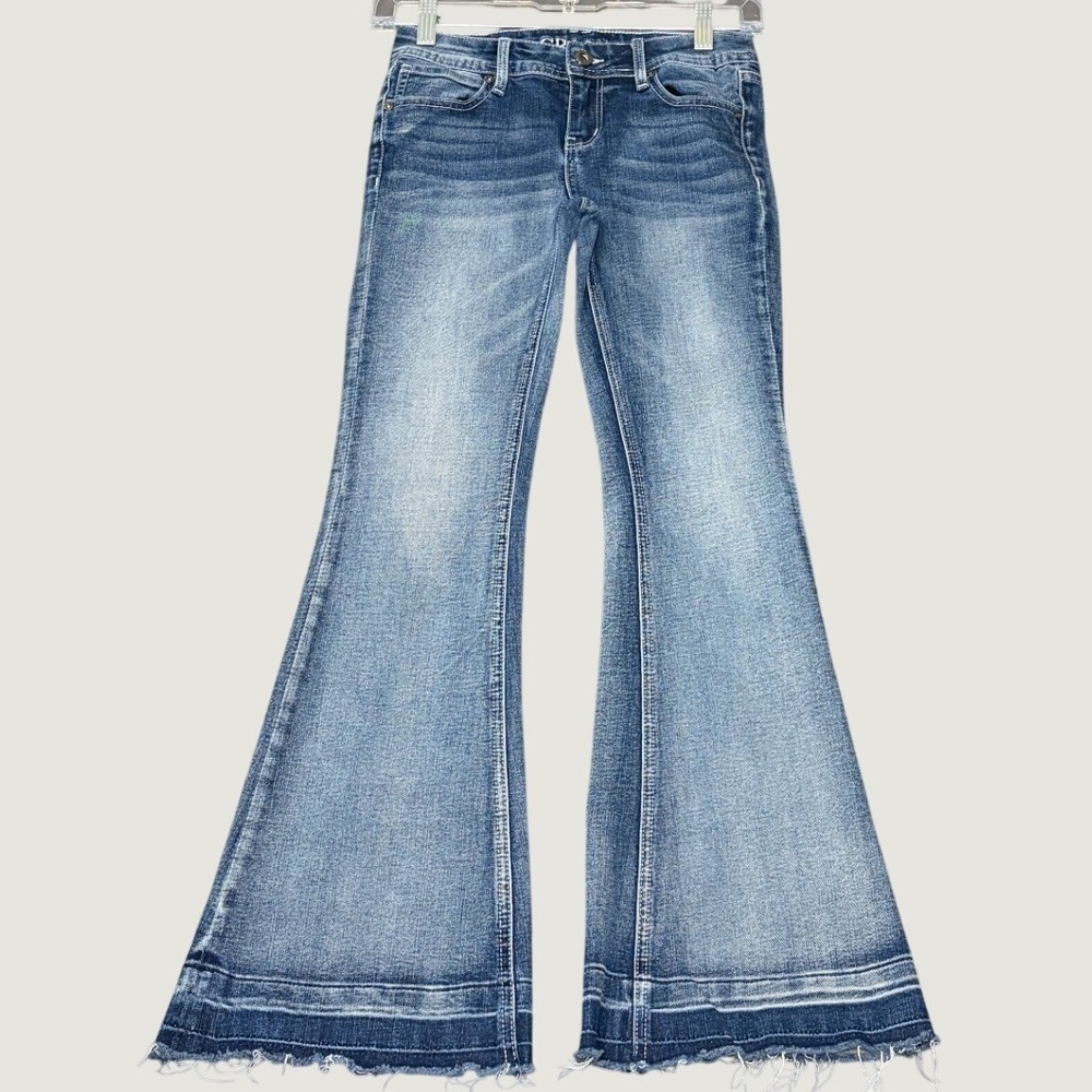 Grace in LA Girls Flare Jeans Medium Wash Frayed Hem Denim Blue Size 12